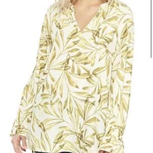 Kaari Blue Yellow Long Sleeve Ruffle Neck Tunic Top Printed Palms Butterfly S